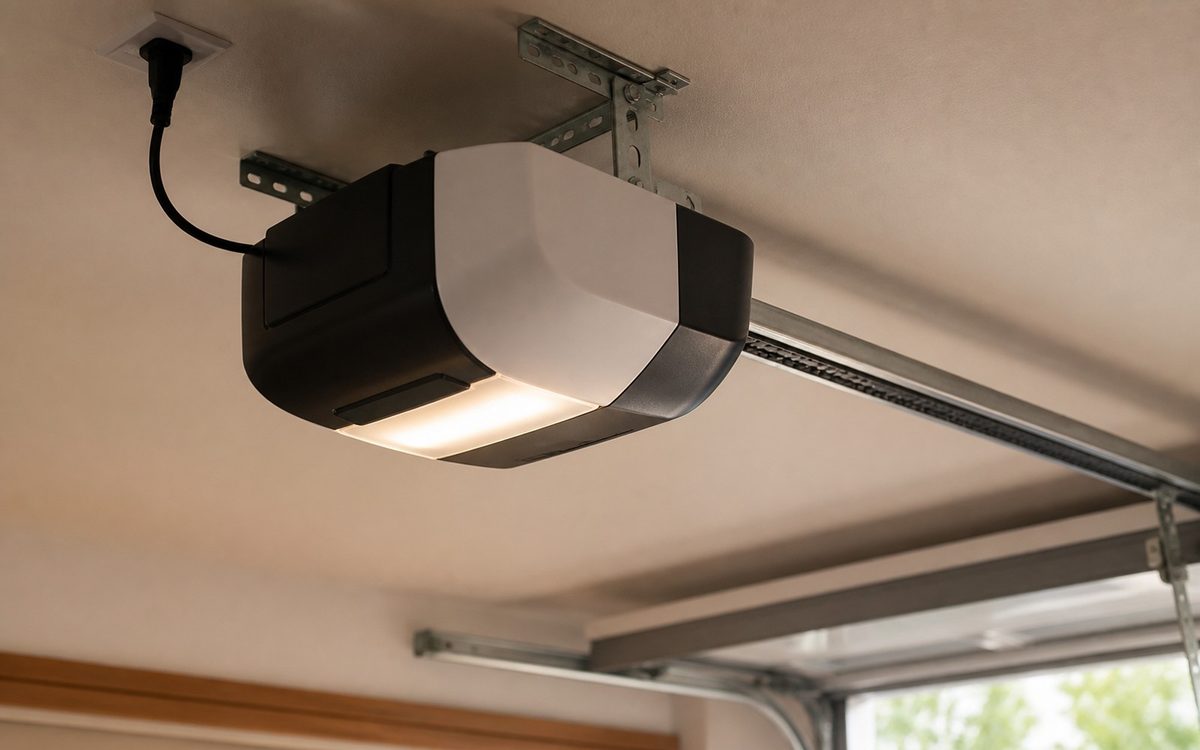 Garage door opener unit on an older home in Robertson County, Texas