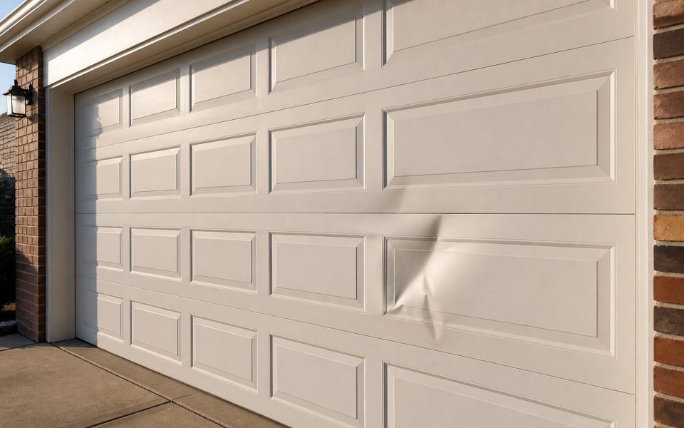 Older residential garage door in Bryan, Texas showing panel damage