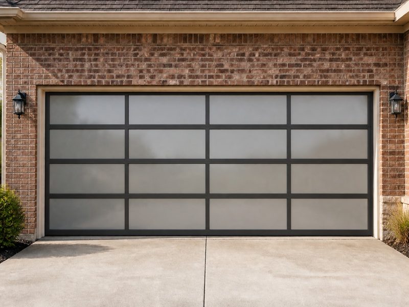 Full-view aluminum and frosted glass garage door on a brick Texas home