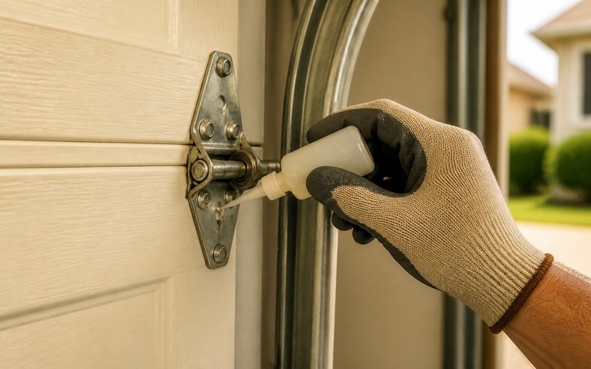 Applying garage door lubricant to a hinge during routine maintenance